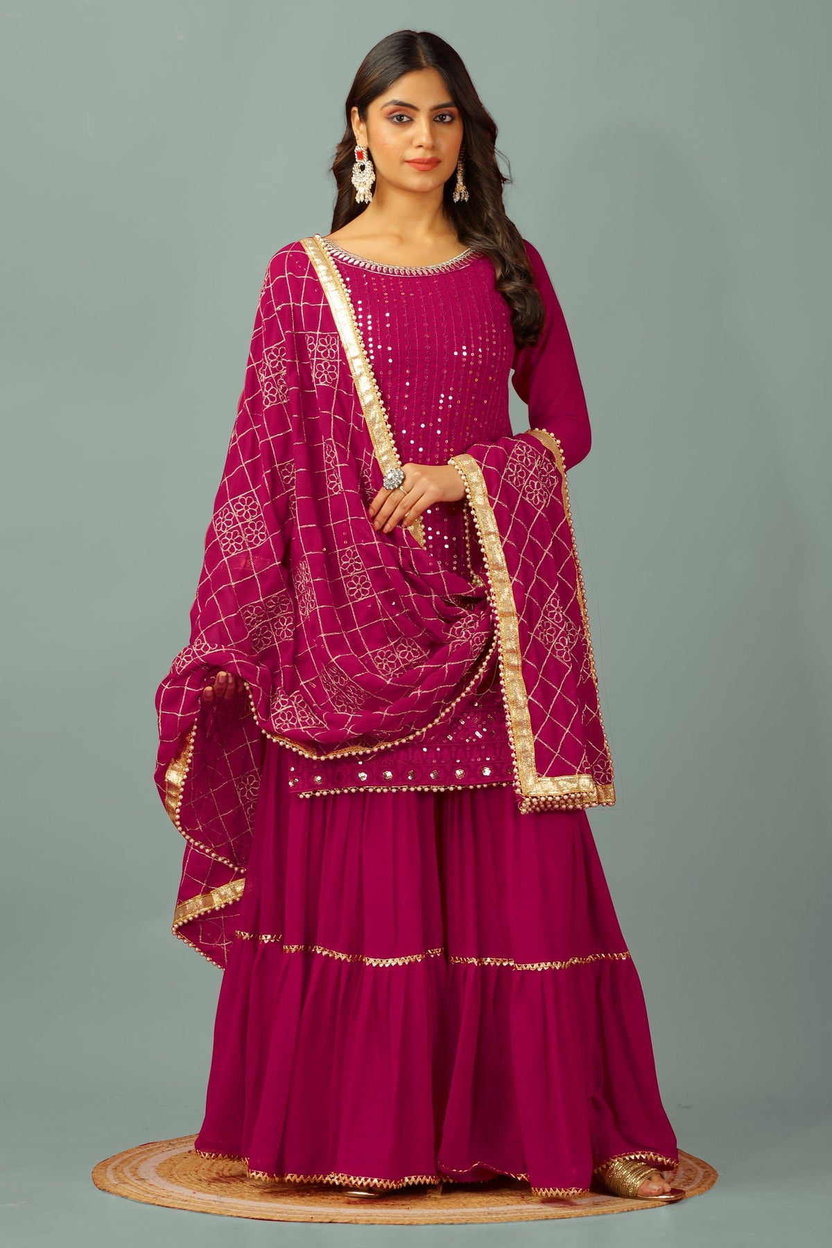 Teeya Creation Rani Color Faux Georgette Heavy Embroidery Work Fully Stitched Sharara Suit | Grocsy