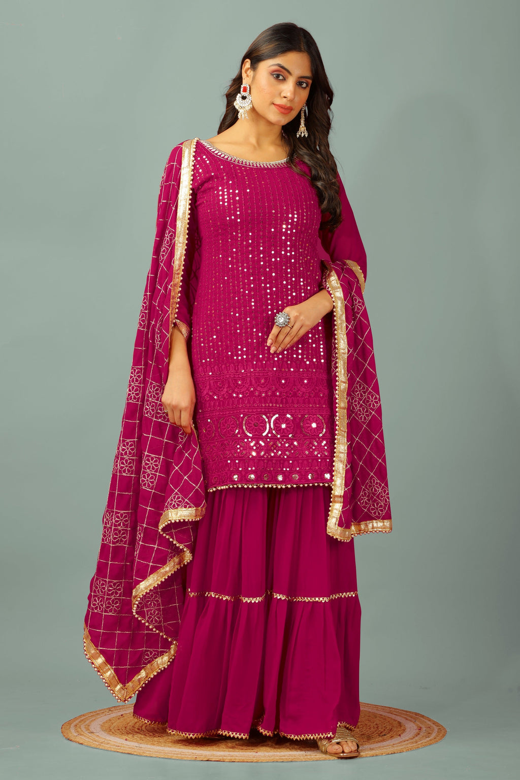 Teeya Creation Rani Color Faux Georgette Heavy Embroidery Work Fully Stitched Sharara Suit | Grocsy