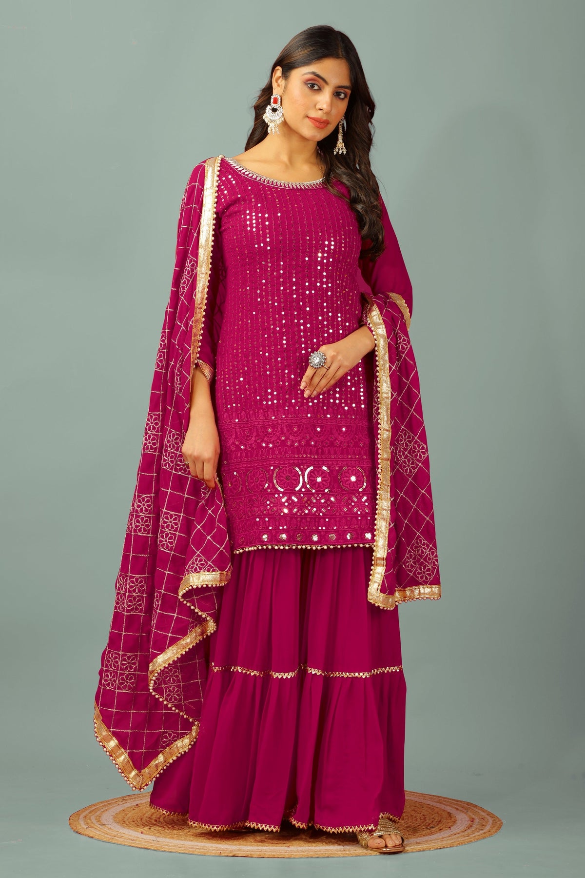 Teeya Creation Rani Color Faux Georgette Heavy Embroidery Work Fully Stitched Sharara Suit | Grocsy