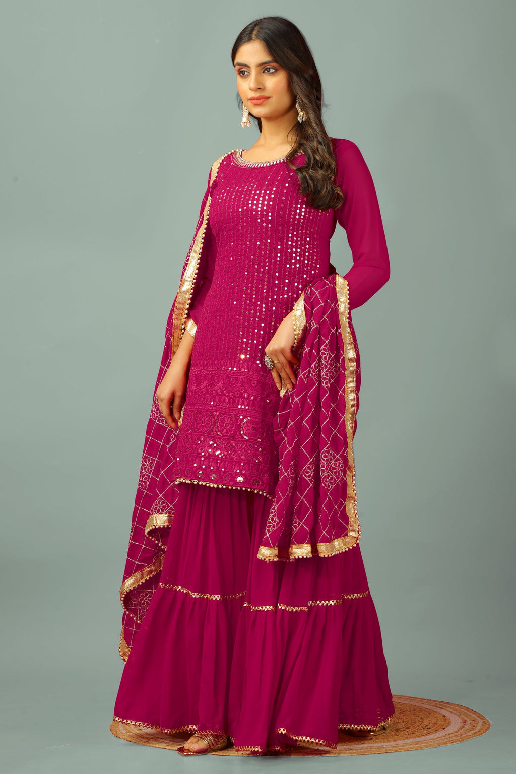 Teeya Creation Rani Color Faux Georgette Heavy Embroidery Work Fully Stitched Sharara Suit | Grocsy