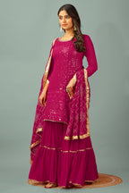 Teeya Creation Rani Color Faux Georgette Heavy Embroidery Work Fully Stitched Sharara Suit | Grocsy