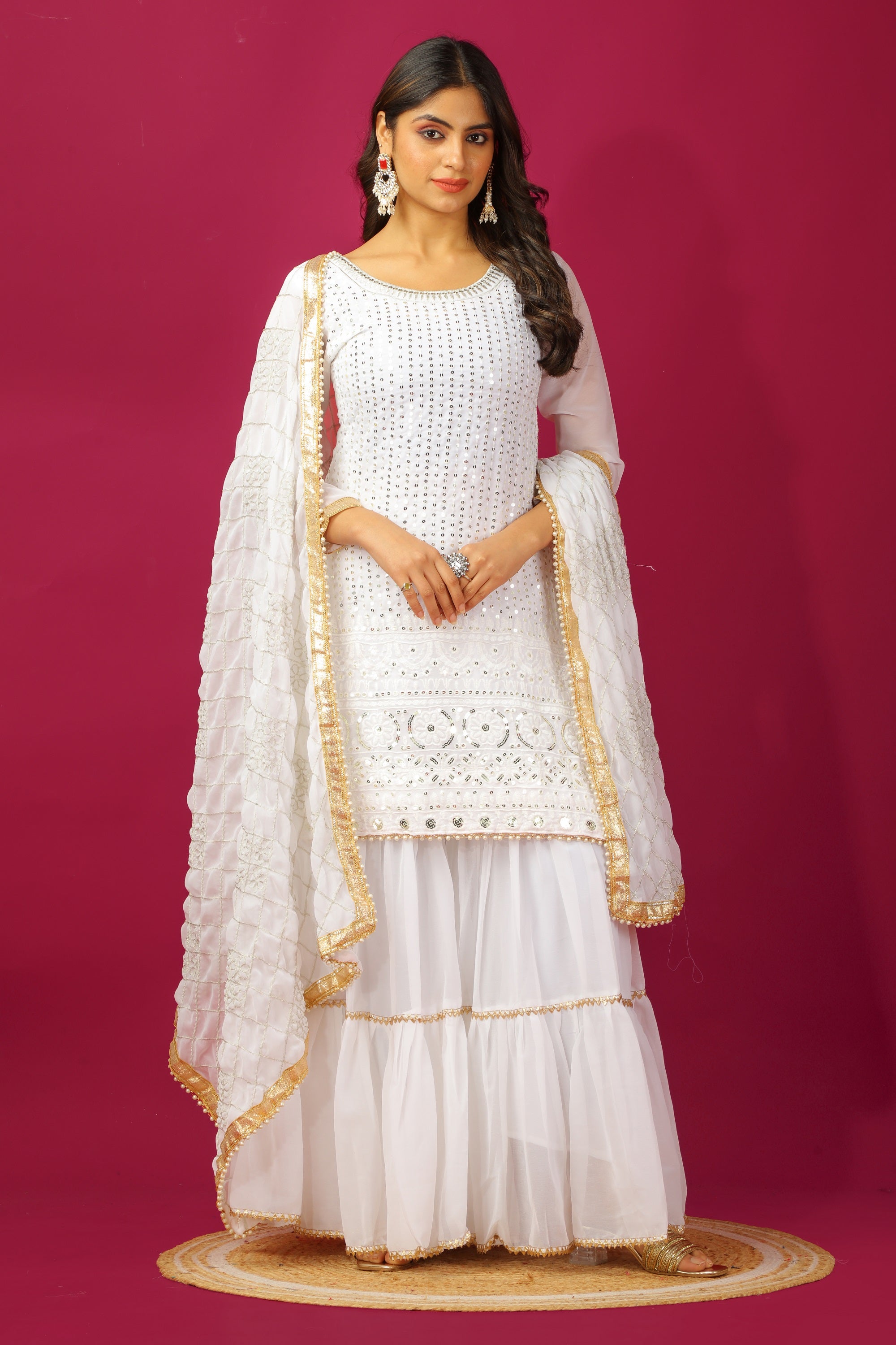 Teeya Creation White Color Faux Georgette Heavy Embroidery Work Fully Stitched Sharara Suit | Grocsy