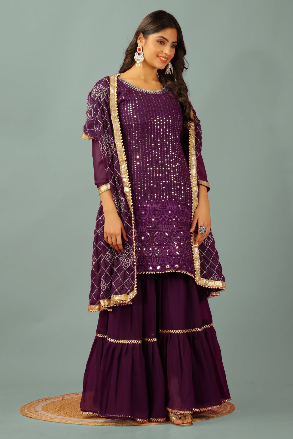 Teeya Creation Wine Color Faux Georgette Heavy Embroidery Work Fully Stitched Sharara Suit | Grocsy