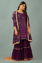 Teeya Creation Wine Color Faux Georgette Heavy Embroidery Work Fully Stitched Sharara Suit | Grocsy