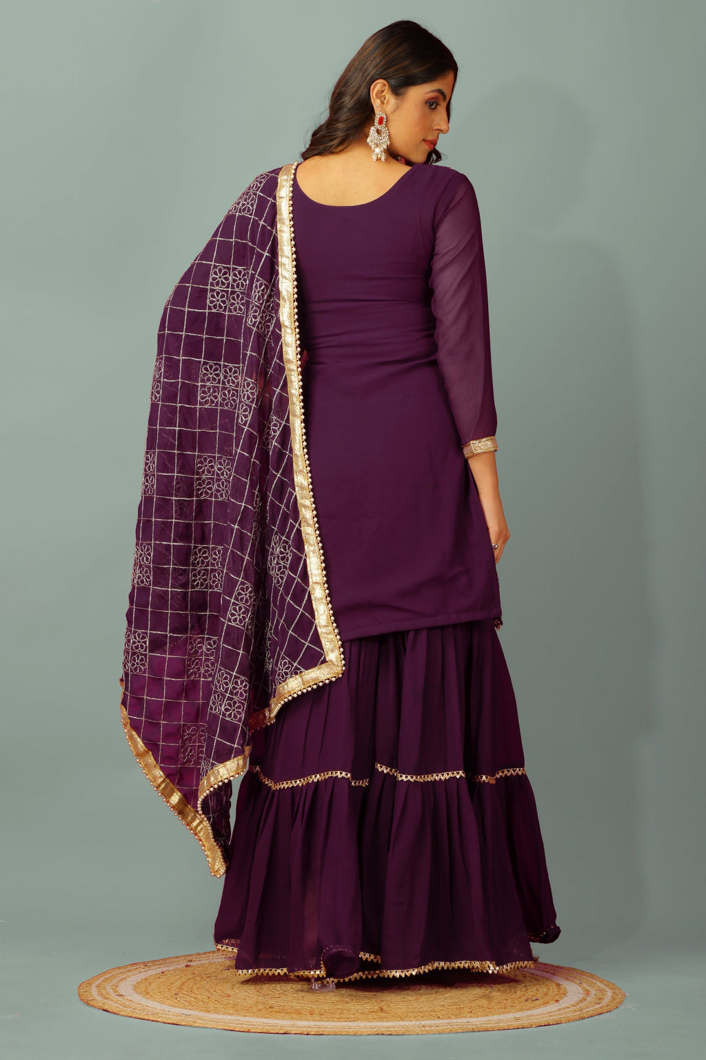 Teeya Creation Wine Color Faux Georgette Heavy Embroidery Work Fully Stitched Sharara Suit | Grocsy