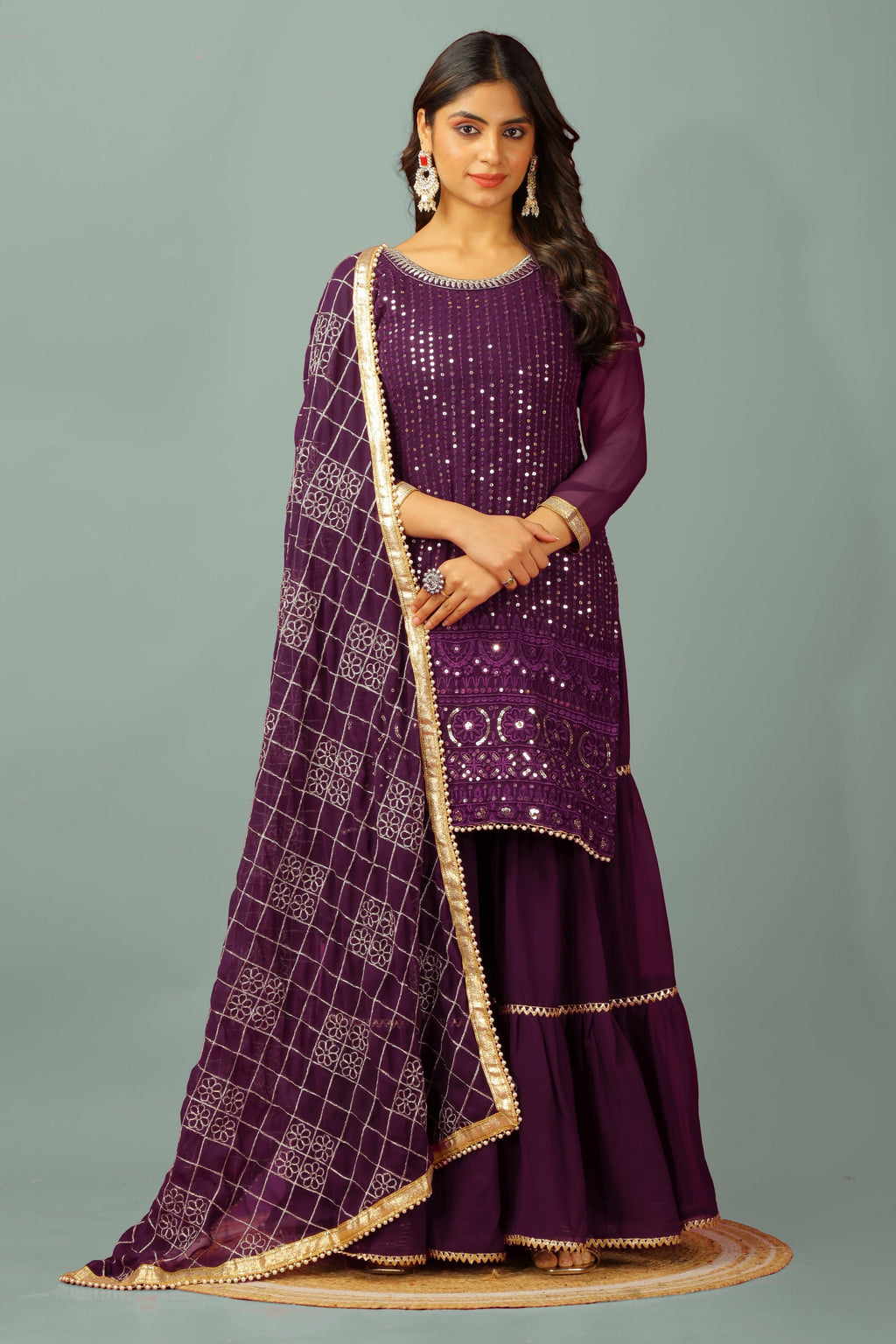 Teeya Creation Wine Color Faux Georgette Heavy Embroidery Work Fully Stitched Sharara Suit | Grocsy