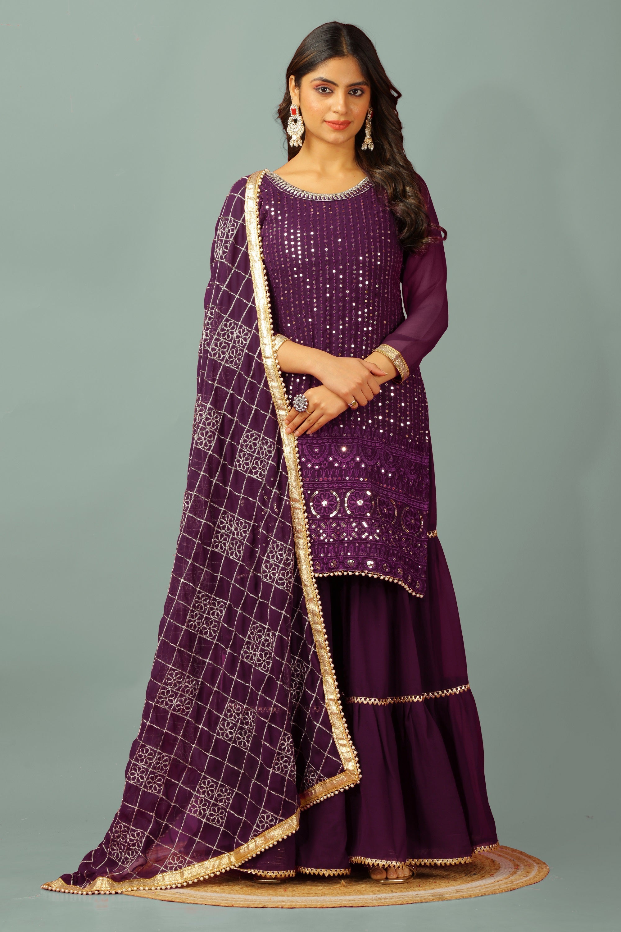 Teeya Creation Wine Color Faux Georgette Heavy Embroidery Work Fully Stitched Sharara Suit | Grocsy