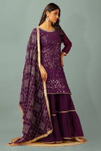 Teeya Creation Wine Color Faux Georgette Heavy Embroidery Work Fully Stitched Sharara Suit | Grocsy