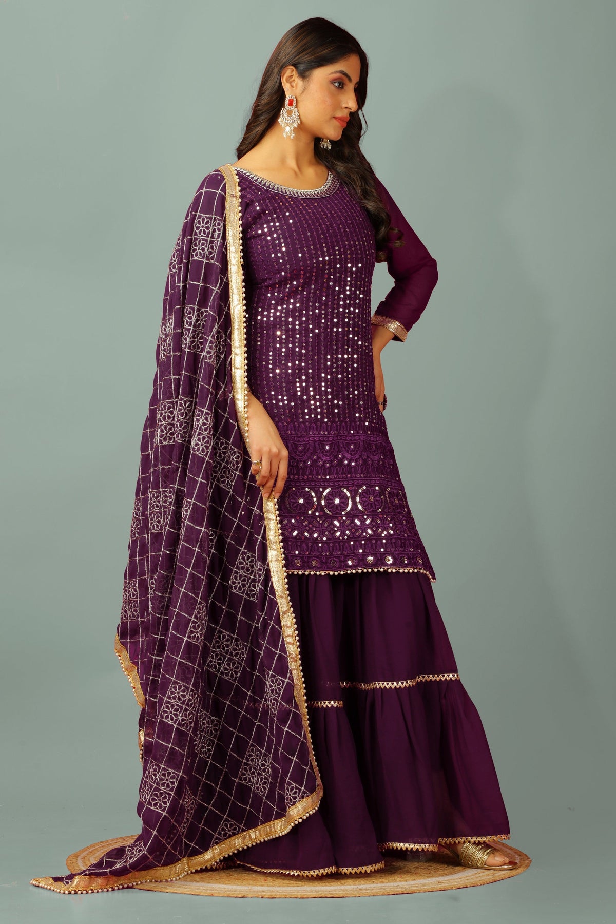 Teeya Creation Wine Color Faux Georgette Heavy Embroidery Work Fully Stitched Sharara Suit | Grocsy
