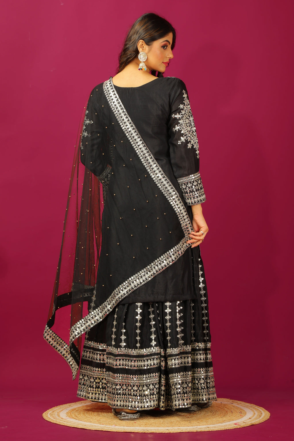 Teeya Creation Black Color Chinnon Silk Heavy Embroidery Work Fully Stitched Sharara Suit | Grocsy