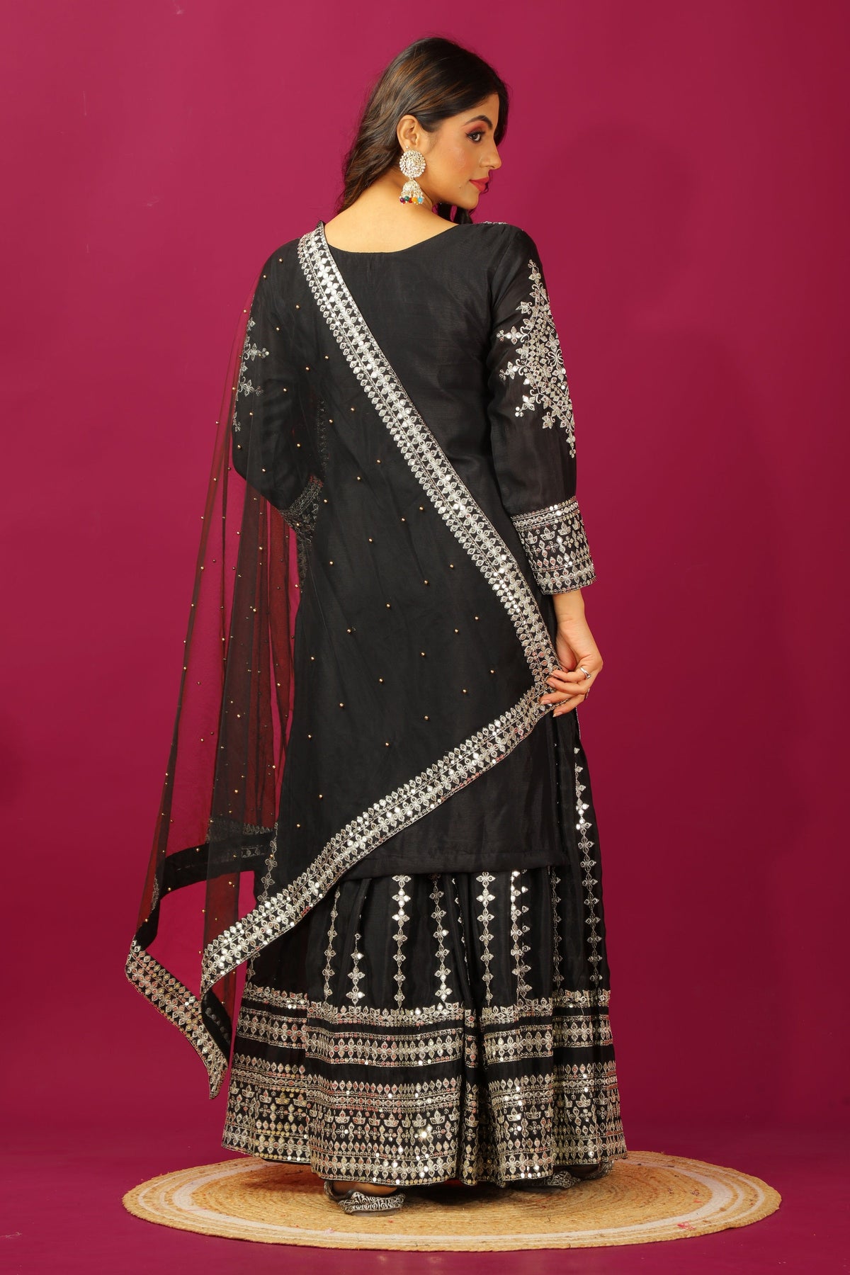 Teeya Creation Black Color Chinnon Silk Heavy Embroidery Work Fully Stitched Sharara Suit | Grocsy