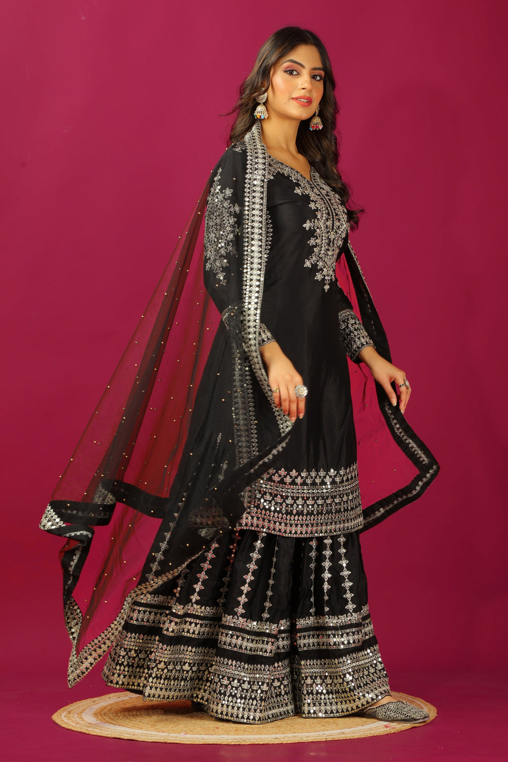 Teeya Creation Black Color Chinnon Silk Heavy Embroidery Work Fully Stitched Sharara Suit | Grocsy