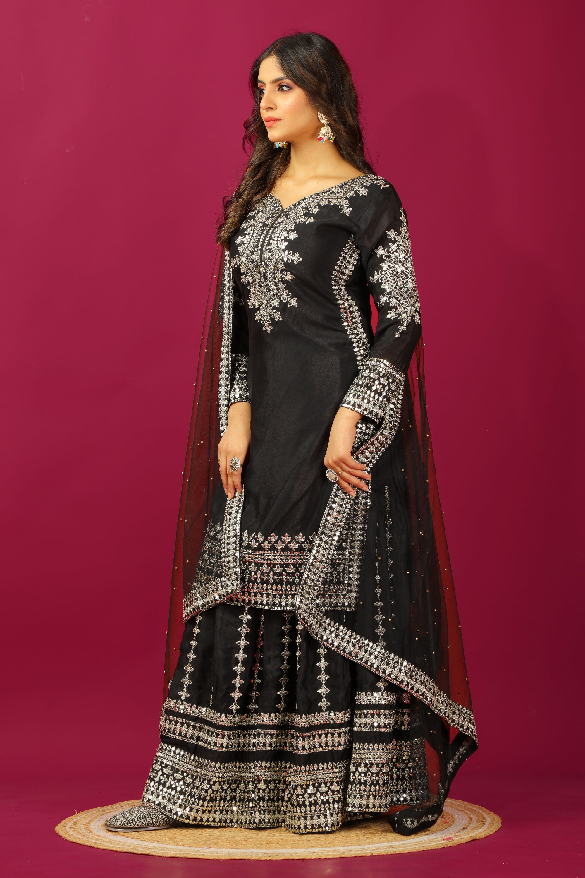 Teeya Creation Black Color Chinnon Silk Heavy Embroidery Work Fully Stitched Sharara Suit | Grocsy