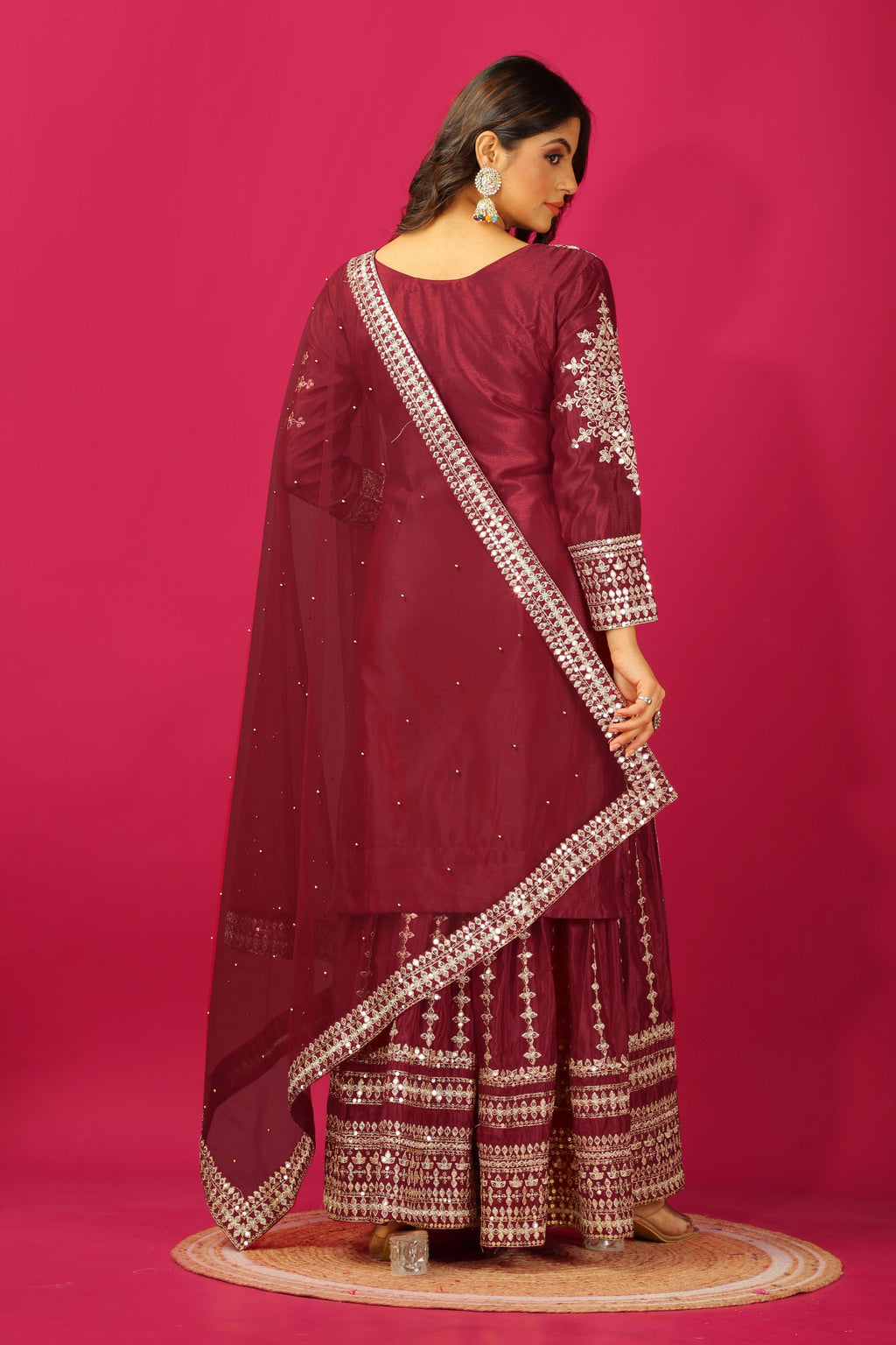 Teeya Creation Maroon Color Chinnon Silk Heavy Embroidery Work Fully Stitched Sharara Suit | Grocsy