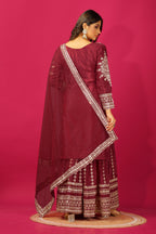 Teeya Creation Maroon Color Chinnon Silk Heavy Embroidery Work Fully Stitched Sharara Suit | Grocsy