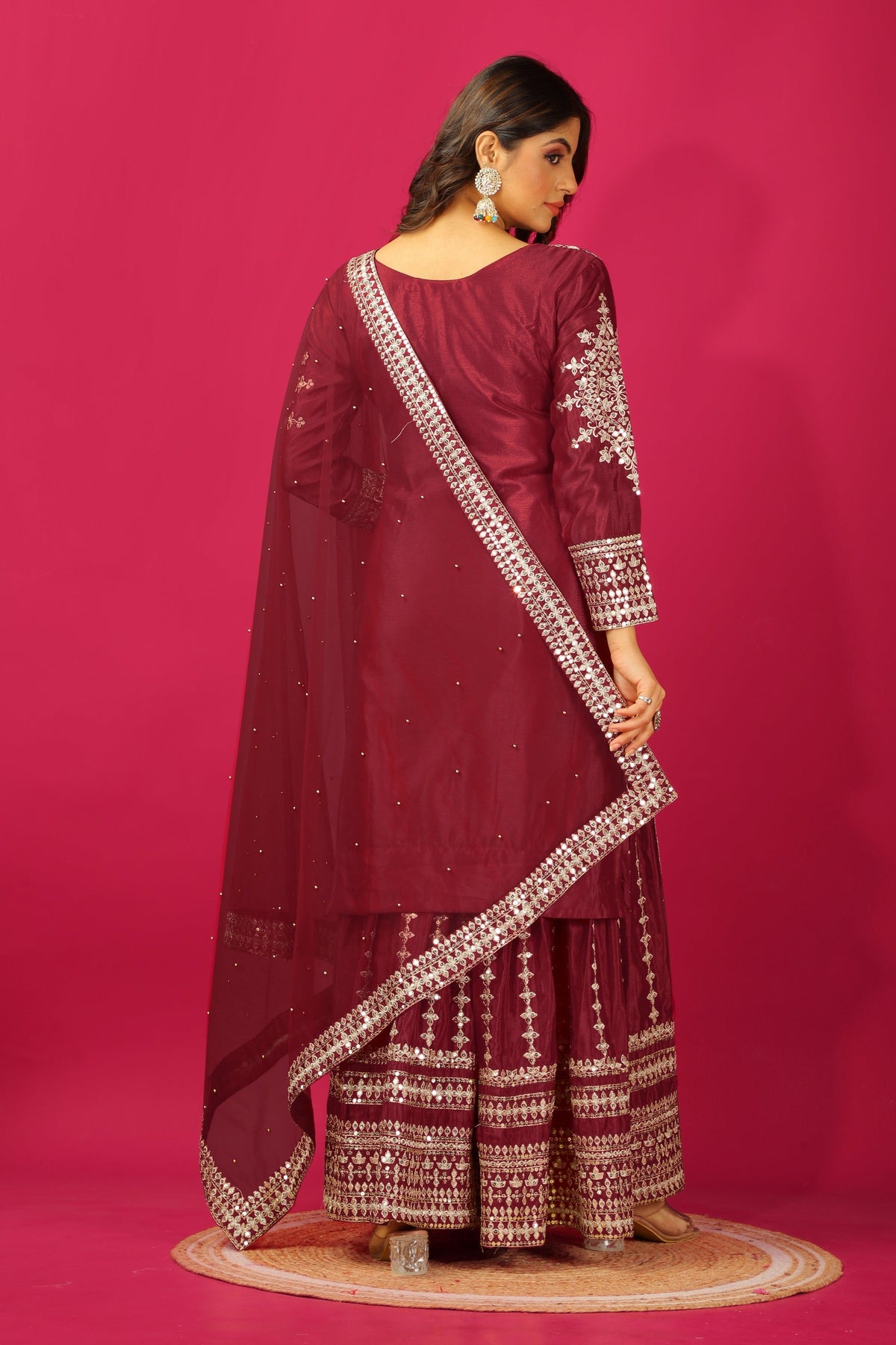 Teeya Creation Maroon Color Chinnon Silk Heavy Embroidery Work Fully Stitched Sharara Suit | Grocsy