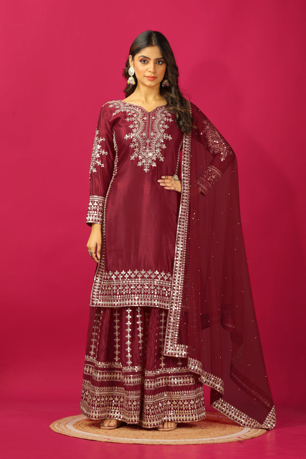 Teeya Creation Maroon Color Chinnon Silk Heavy Embroidery Work Fully Stitched Sharara Suit | Grocsy
