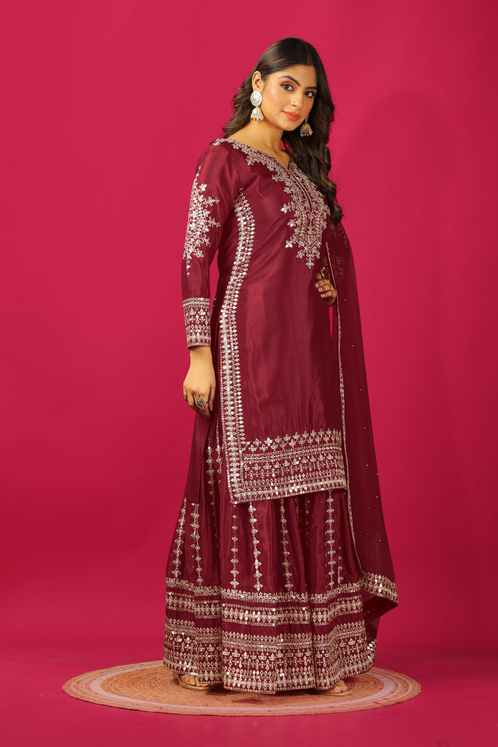 Teeya Creation Maroon Color Chinnon Silk Heavy Embroidery Work Fully Stitched Sharara Suit | Grocsy