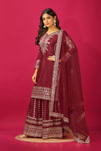 Teeya Creation Maroon Color Chinnon Silk Heavy Embroidery Work Fully Stitched Sharara Suit | Grocsy