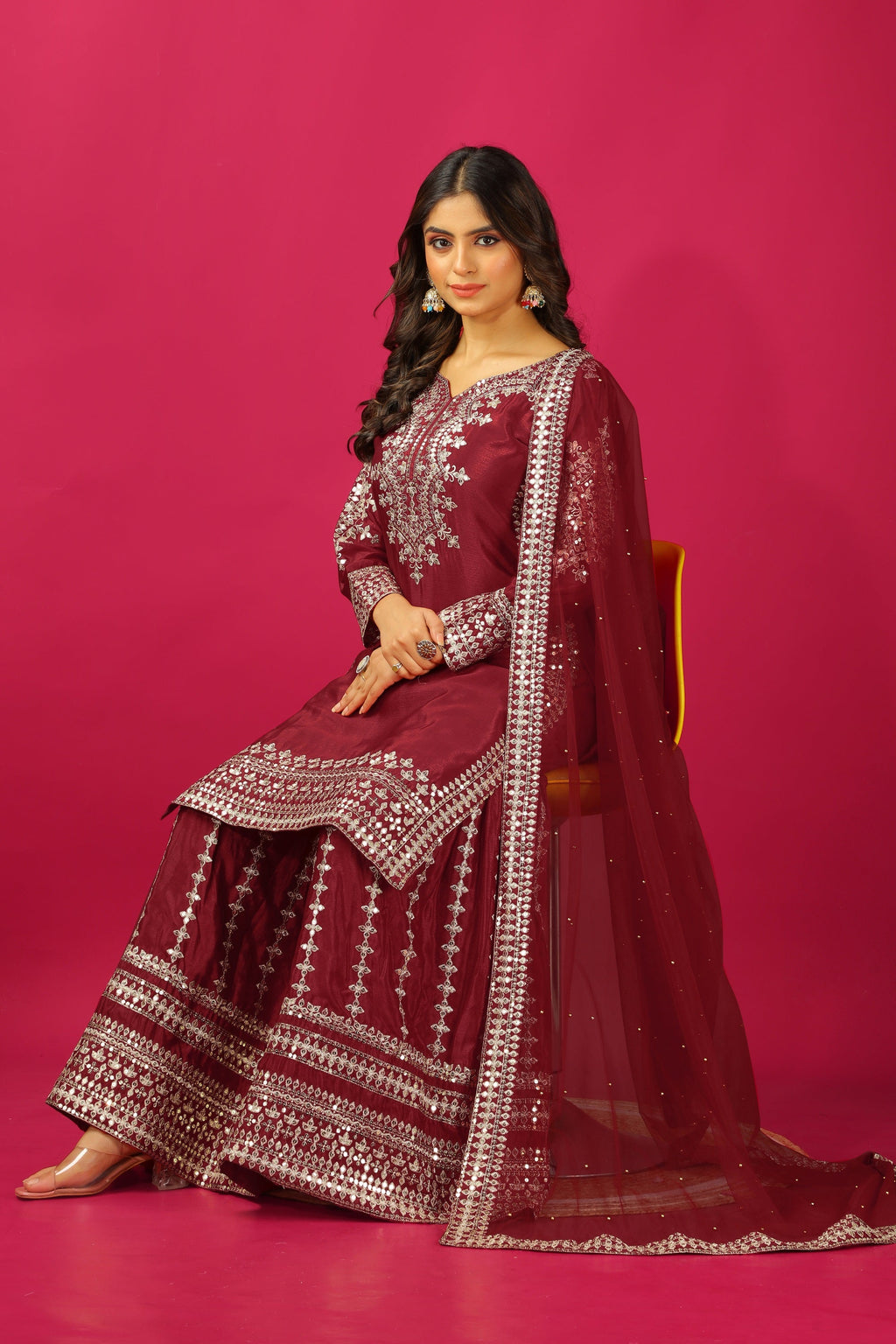 Teeya Creation Maroon Color Chinnon Silk Heavy Embroidery Work Fully Stitched Sharara Suit | Grocsy