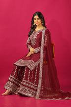 Teeya Creation Maroon Color Chinnon Silk Heavy Embroidery Work Fully Stitched Sharara Suit | Grocsy