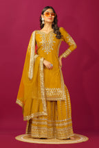 Teeya Creation Mustard Color Chinnon Silk Heavy Embroidery Work Fully Stitched Sharara Suit | Grocsy
