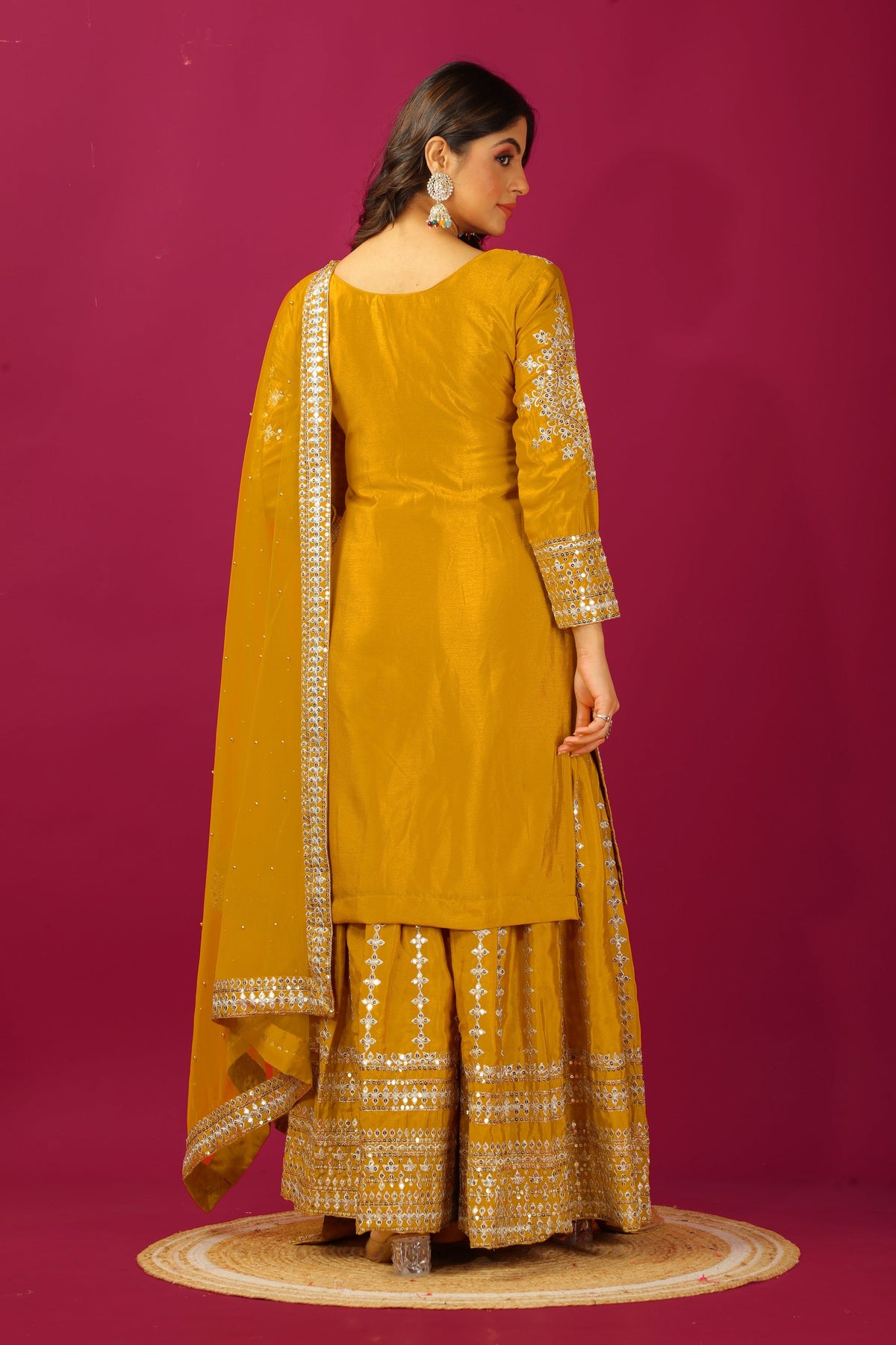 Teeya Creation Mustard Color Chinnon Silk Heavy Embroidery Work Fully Stitched Sharara Suit | Grocsy