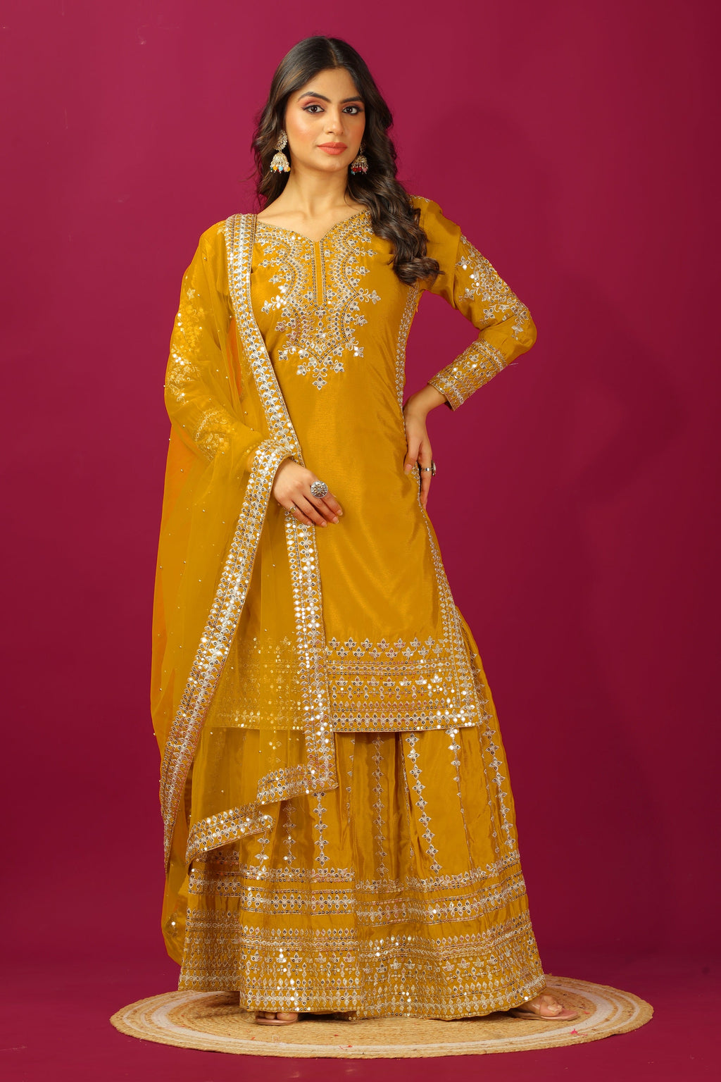 Teeya Creation Mustard Color Chinnon Silk Heavy Embroidery Work Fully Stitched Sharara Suit | Grocsy