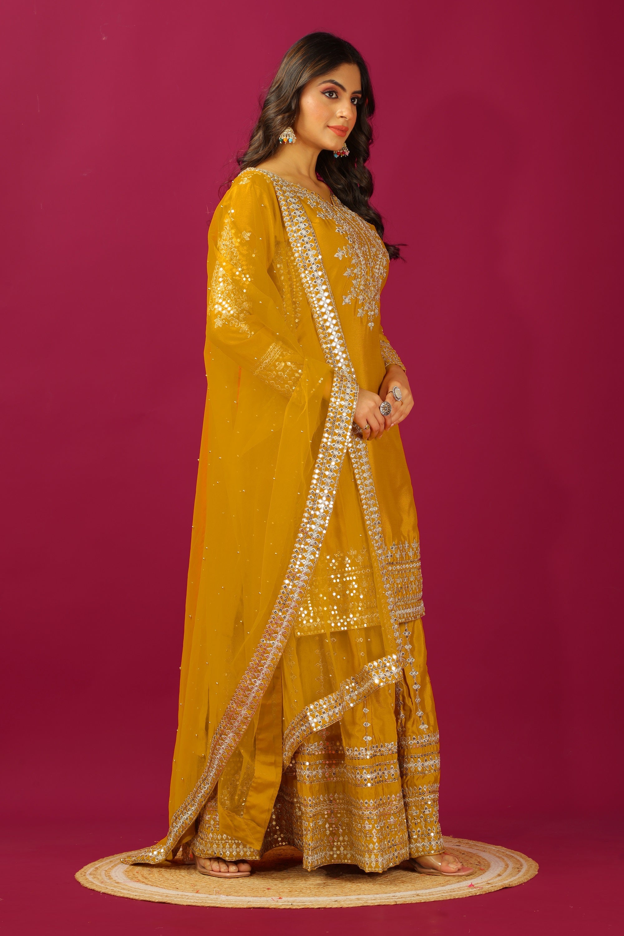 Teeya Creation Mustard Color Chinnon Silk Heavy Embroidery Work Fully Stitched Sharara Suit | Grocsy
