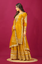 Teeya Creation Mustard Color Chinnon Silk Heavy Embroidery Work Fully Stitched Sharara Suit | Grocsy