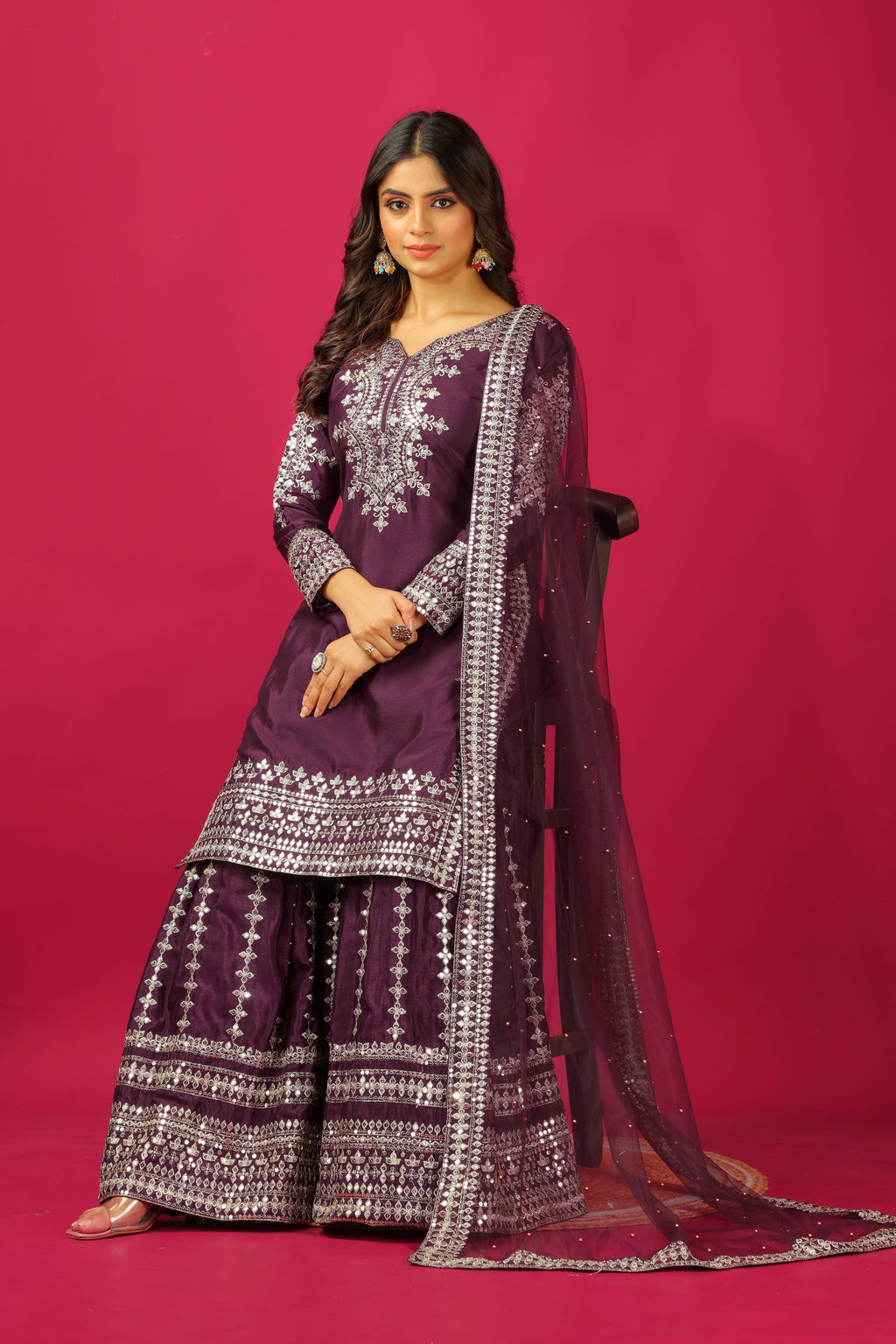 Teeya Creation Violet Color Chinnon Silk Heavy Embroidery Work Fully Stitched Sharara Suit | Grocsy