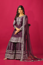 Teeya Creation Violet Color Chinnon Silk Heavy Embroidery Work Fully Stitched Sharara Suit | Grocsy