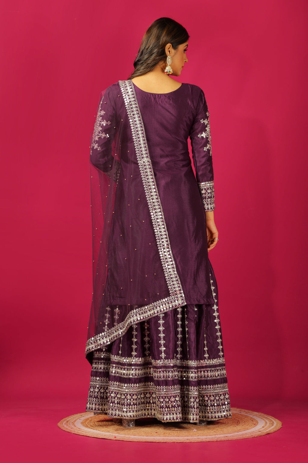 Teeya Creation Violet Color Chinnon Silk Heavy Embroidery Work Fully Stitched Sharara Suit | Grocsy