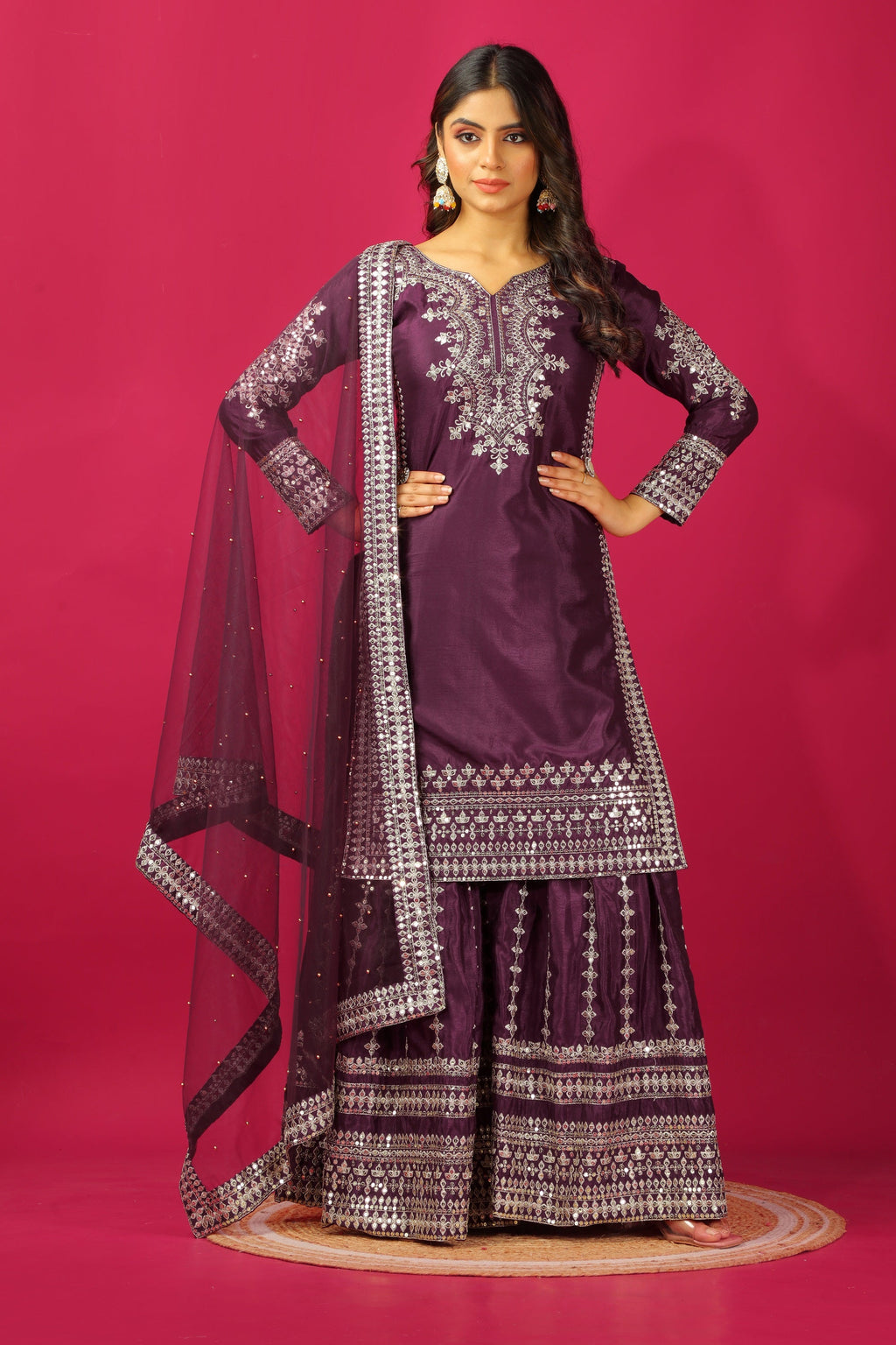 Teeya Creation Violet Color Chinnon Silk Heavy Embroidery Work Fully Stitched Sharara Suit | Grocsy