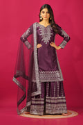 Teeya Creation Violet Color Chinnon Silk Heavy Embroidery Work Fully Stitched Sharara Suit | Grocsy