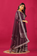 Teeya Creation Violet Color Chinnon Silk Heavy Embroidery Work Fully Stitched Sharara Suit | Grocsy