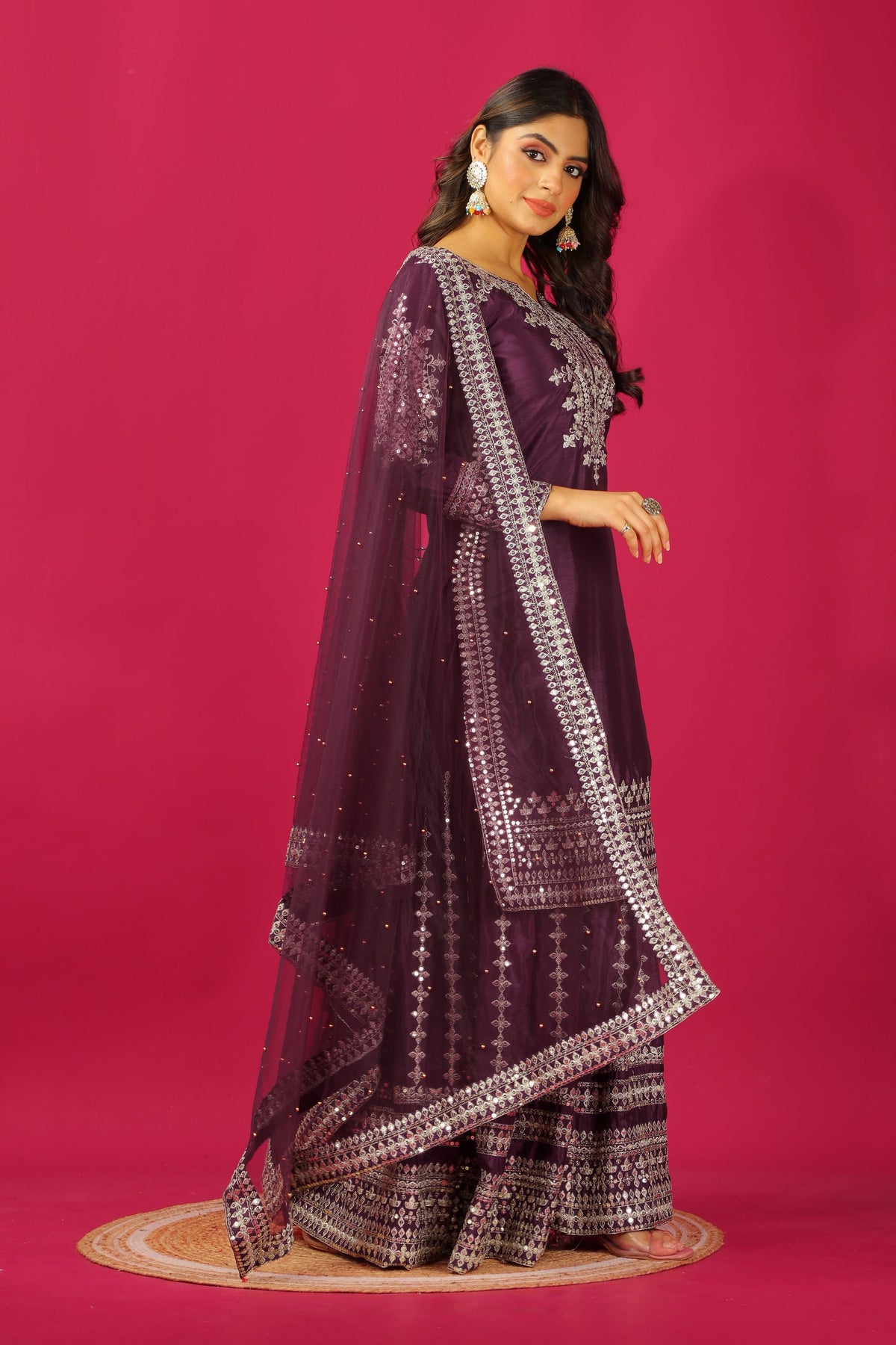 Teeya Creation Violet Color Chinnon Silk Heavy Embroidery Work Fully Stitched Sharara Suit | Grocsy