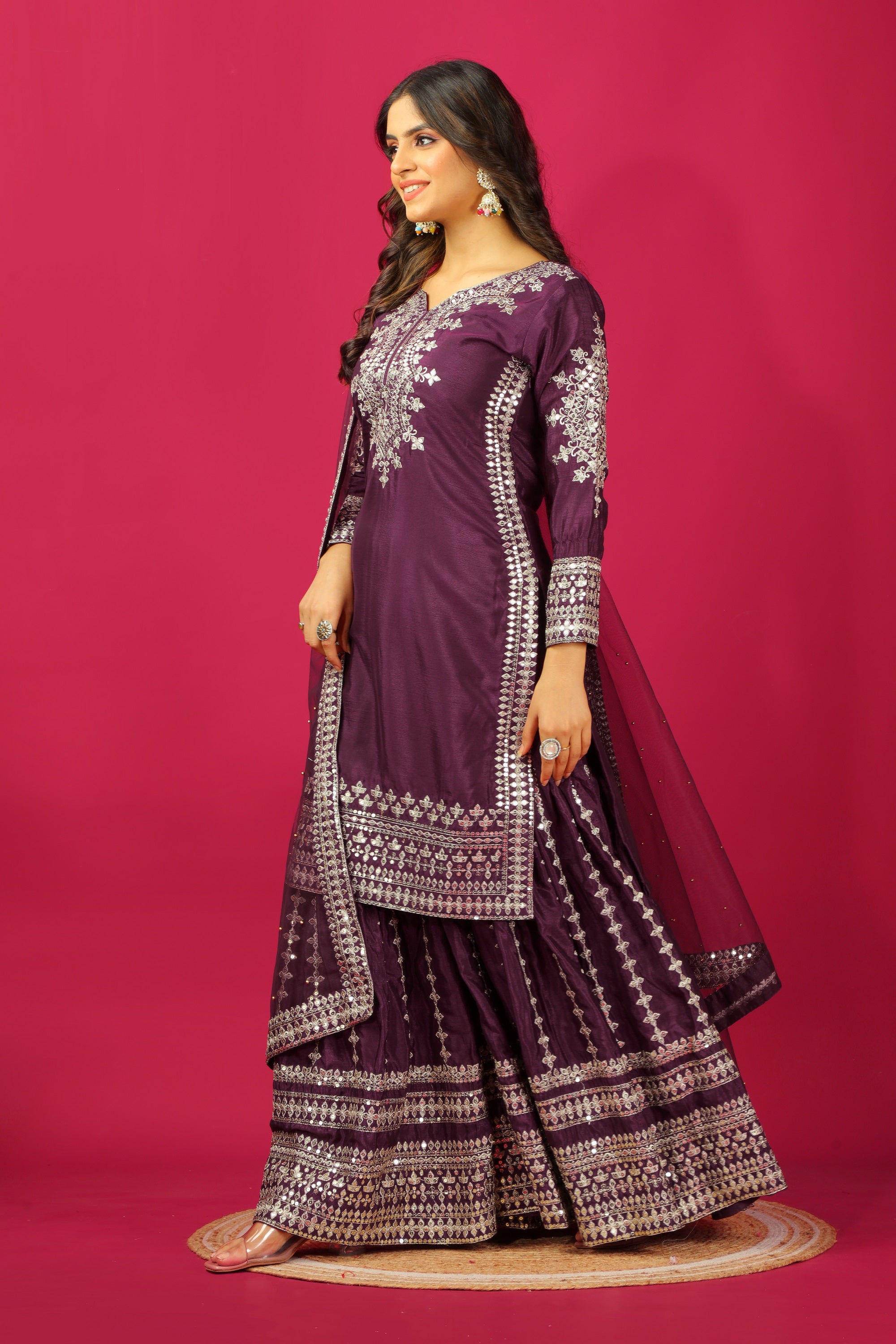 Teeya Creation Violet Color Chinnon Silk Heavy Embroidery Work Fully Stitched Sharara Suit | Grocsy