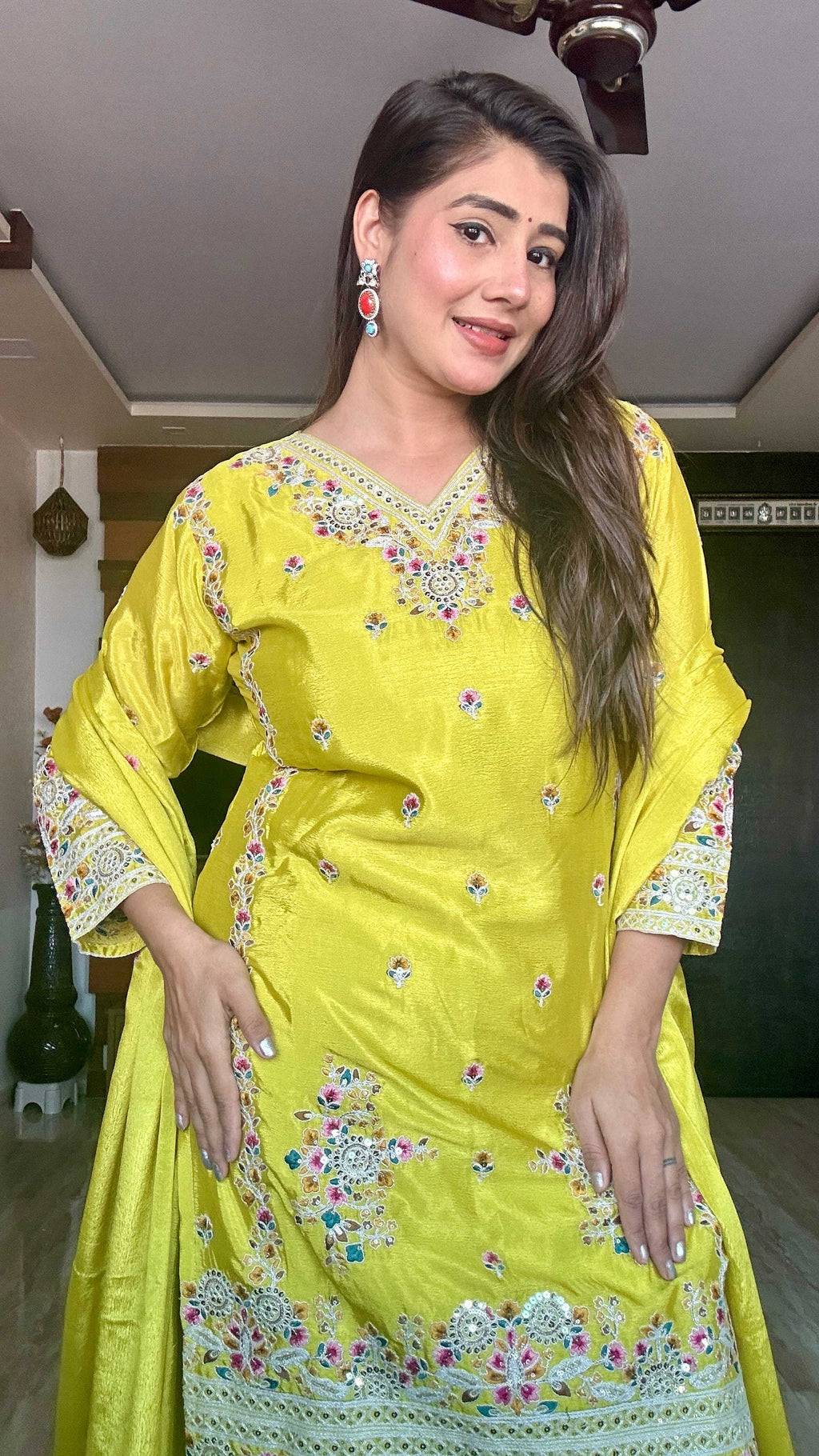 Teeya Creation Olive Color Chinon Silk Heavy Embroidery Work Fully Stitched Salwar Suit | Grocsy
