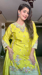 Teeya Creation Olive Color Chinon Silk Heavy Embroidery Work Fully Stitched Salwar Suit | Grocsy