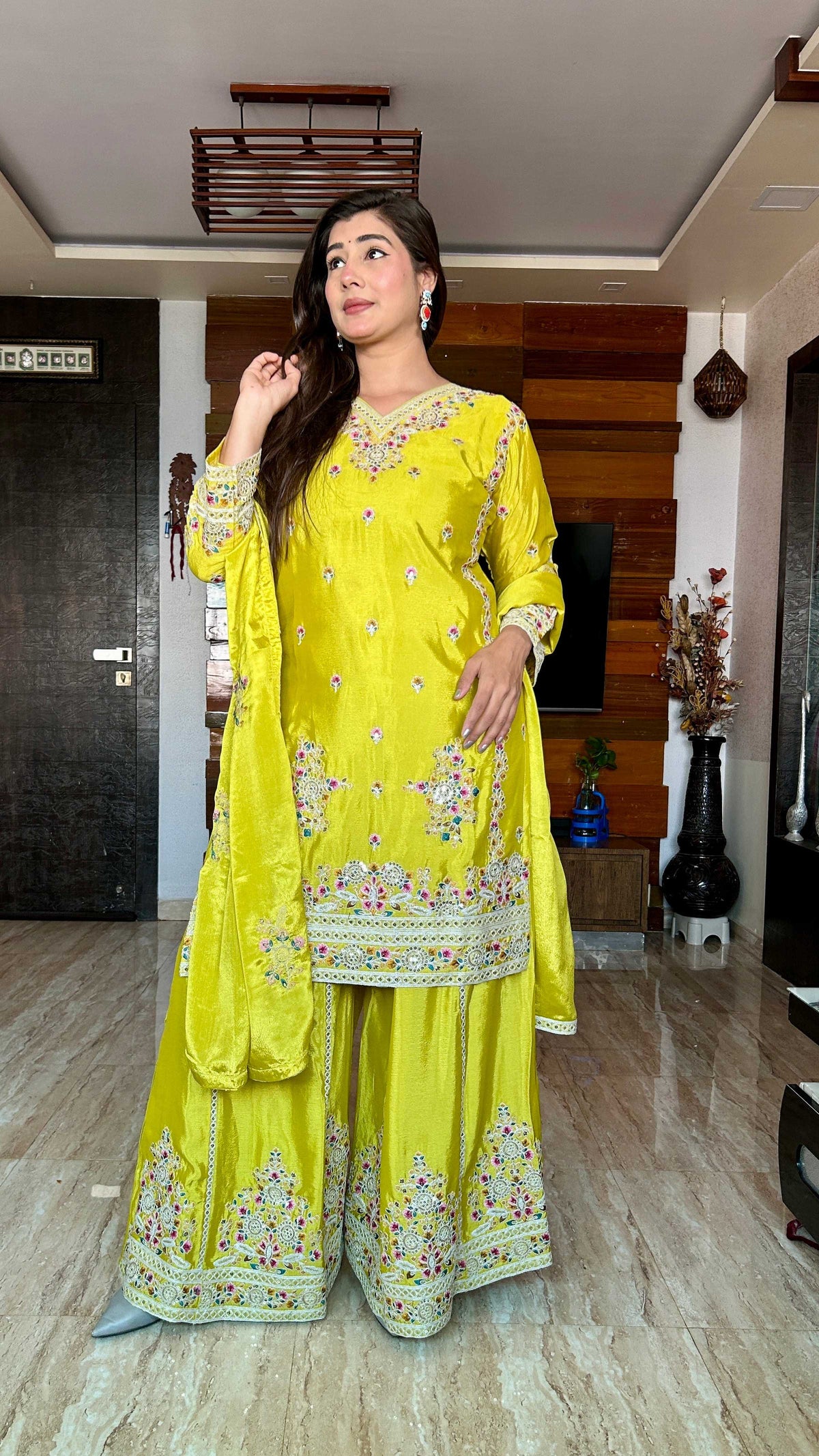 Teeya Creation Olive Color Chinon Silk Heavy Embroidery Work Fully Stitched Salwar Suit | Grocsy