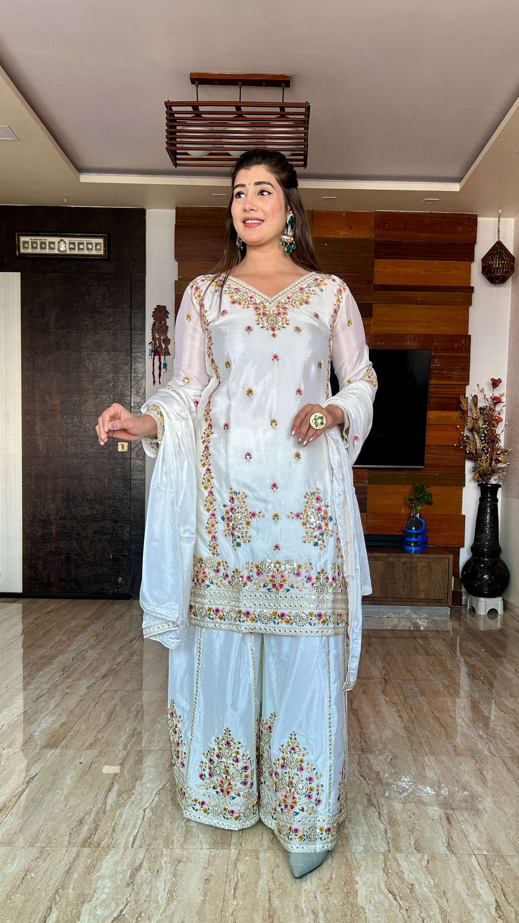 Teeya Creation White Color Chinon Silk Heavy Embroidery Work Fully Stitched Salwar Suit | Grocsy