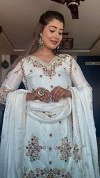 Teeya Creation White Color Chinon Silk Heavy Embroidery Work Fully Stitched Salwar Suit | Grocsy