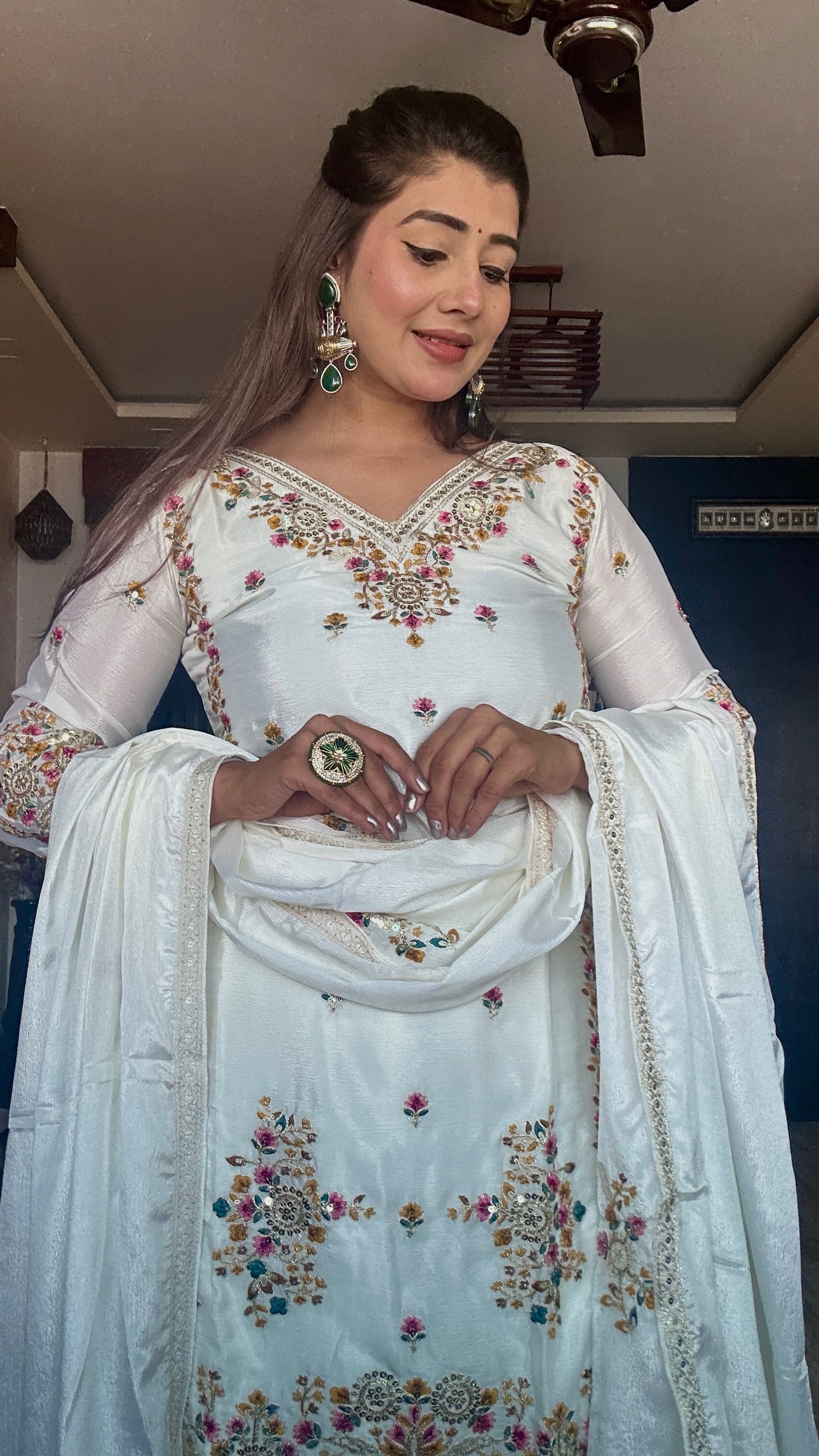 Teeya Creation White Color Chinon Silk Heavy Embroidery Work Fully Stitched Salwar Suit | Grocsy