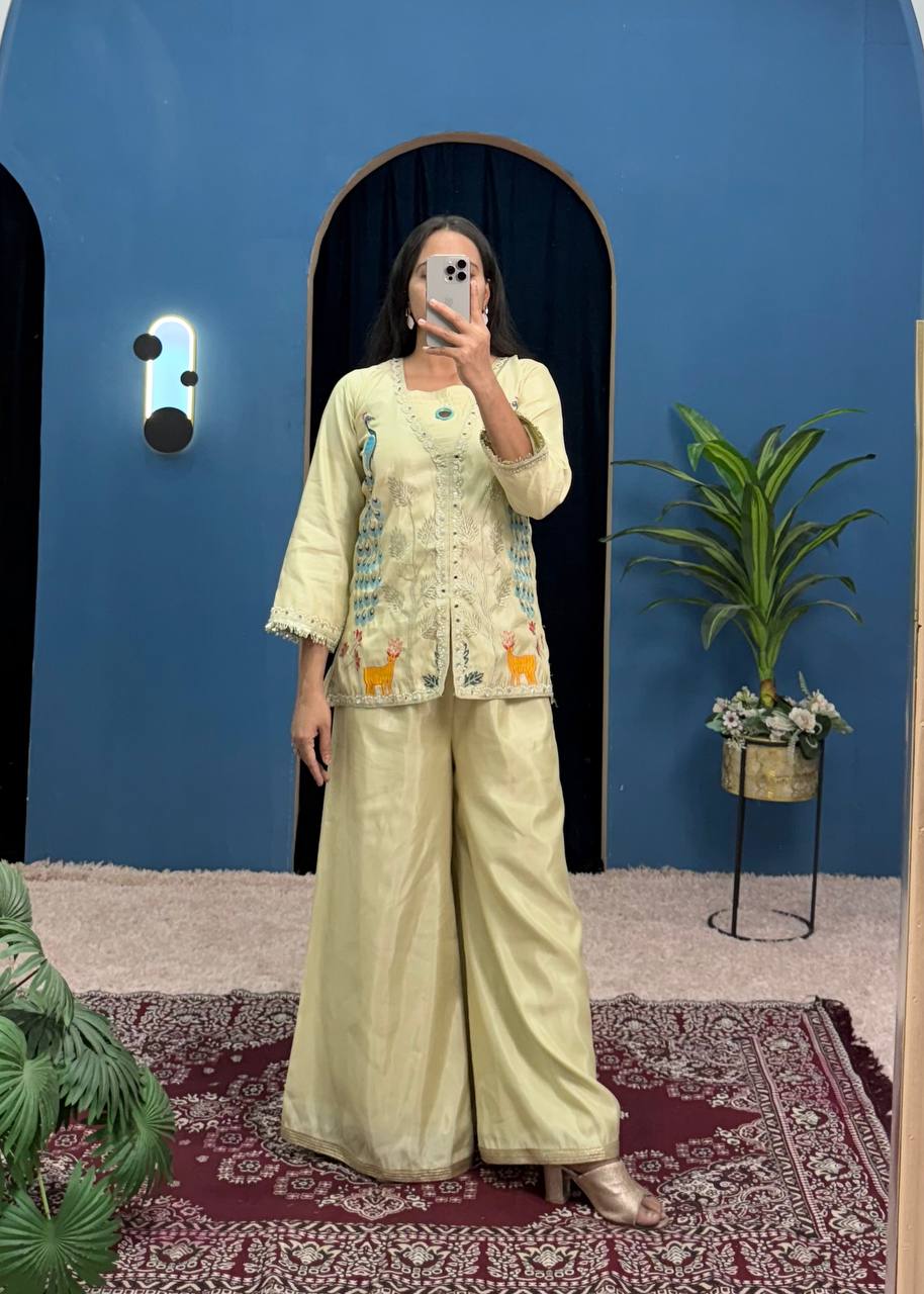Teeya Creation Cream Color Shimmer Silk Embroidery Work Fully Stitched Co-Ord Set | Grocsy