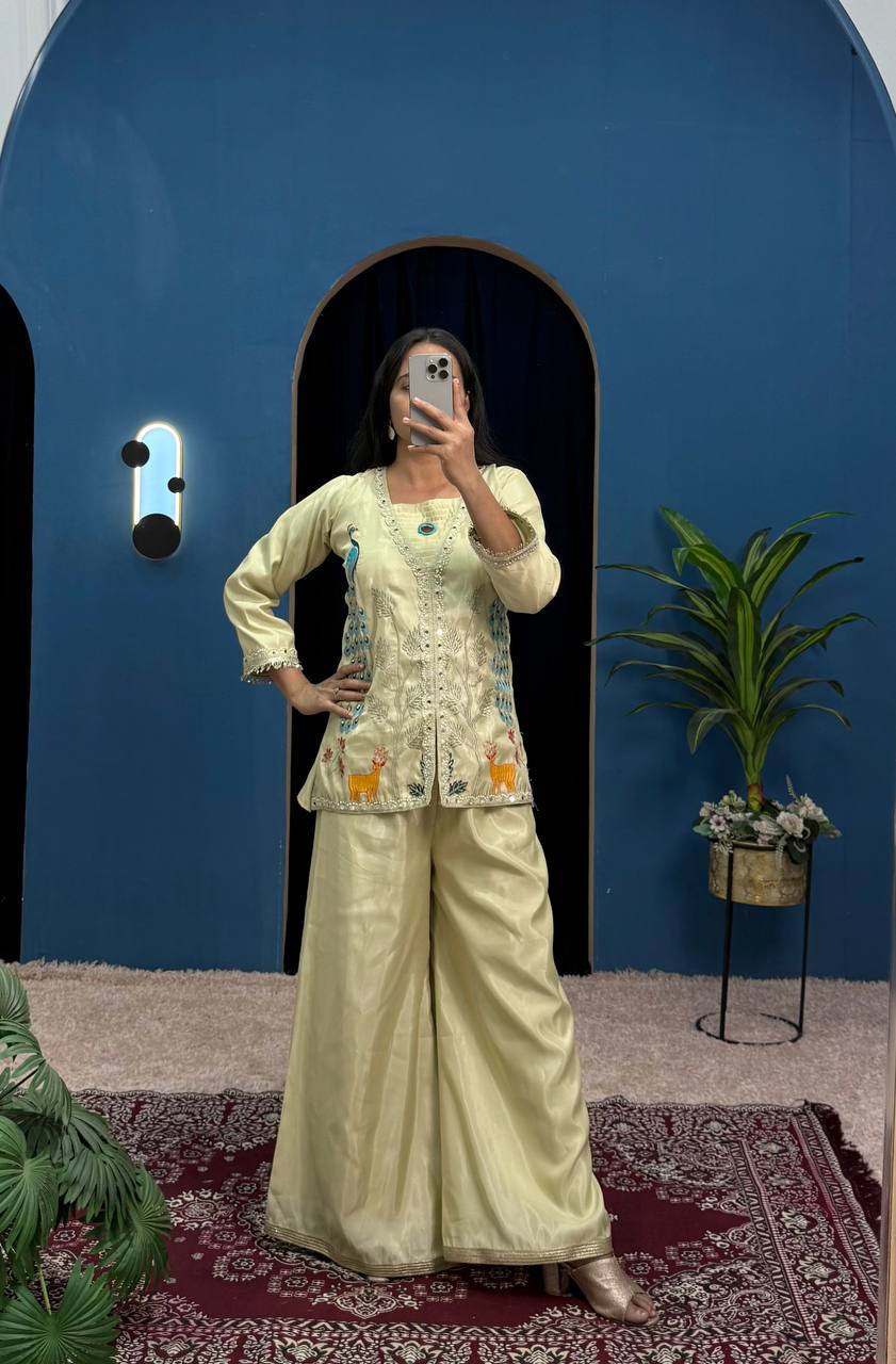 Teeya Creation Cream Color Shimmer Silk Embroidery Work Fully Stitched Co-Ord Set | Grocsy