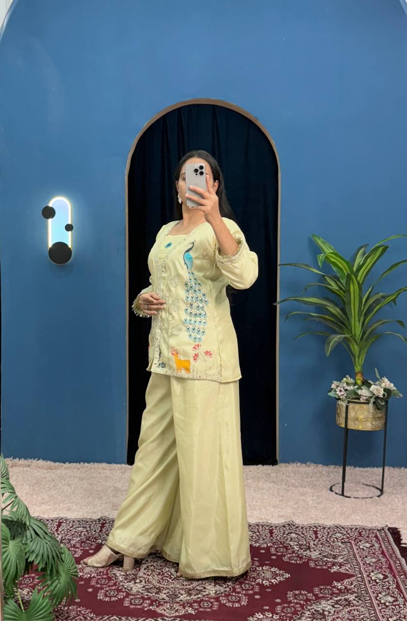 Teeya Creation Cream Color Shimmer Silk Embroidery Work Fully Stitched Co-Ord Set | Grocsy