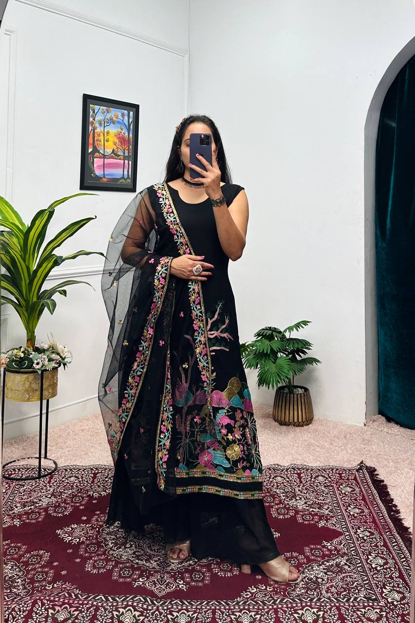 Teeya Creation Black Color Faux Georgette Heavy Embroidery Work Fully Stitched Salwar Suit | Grocsy