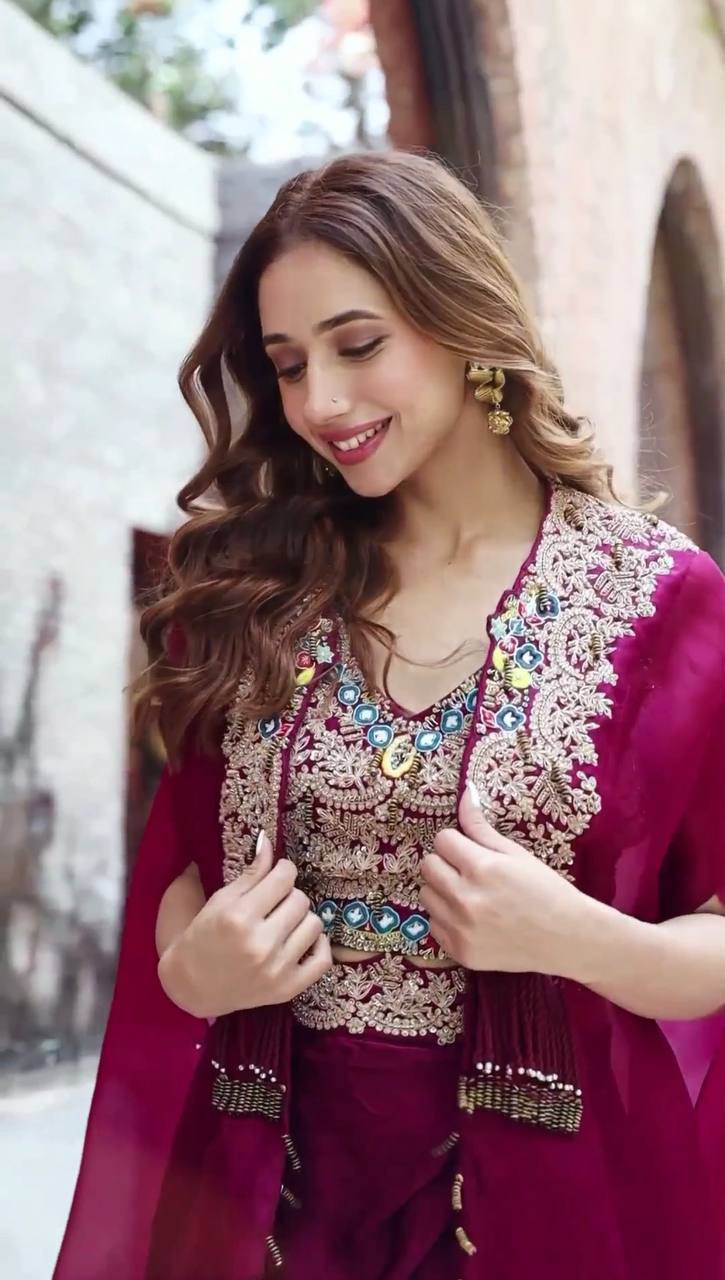 Teeya Creation Rani Color Faux Georgette Heavy Embroidery Work Fully Stitched Shrug Set | Grocsy