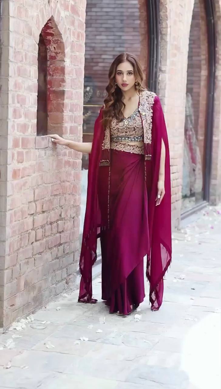 Teeya Creation Rani Color Faux Georgette Heavy Embroidery Work Fully Stitched Shrug Set | Grocsy